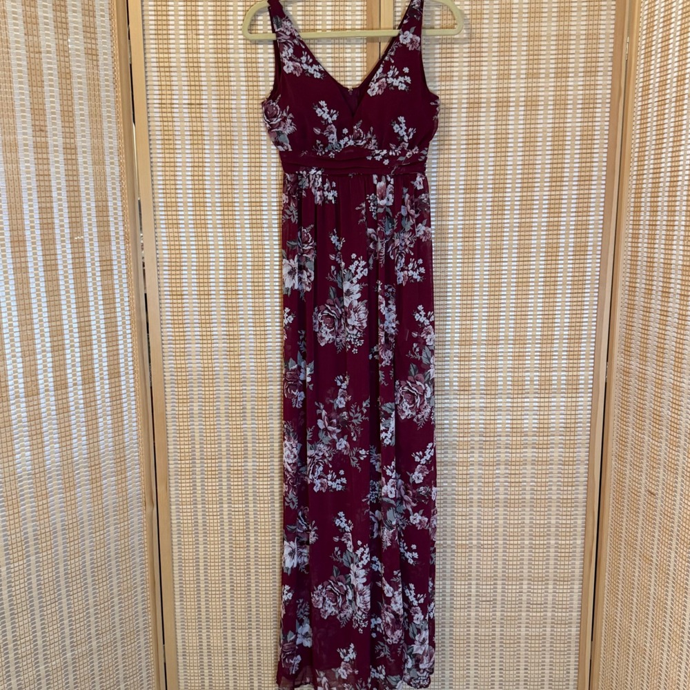 Burgundy‎ Floral Chiffon V-Neck Maxi Dress Sleeveless Empire Waist Maroon Gown